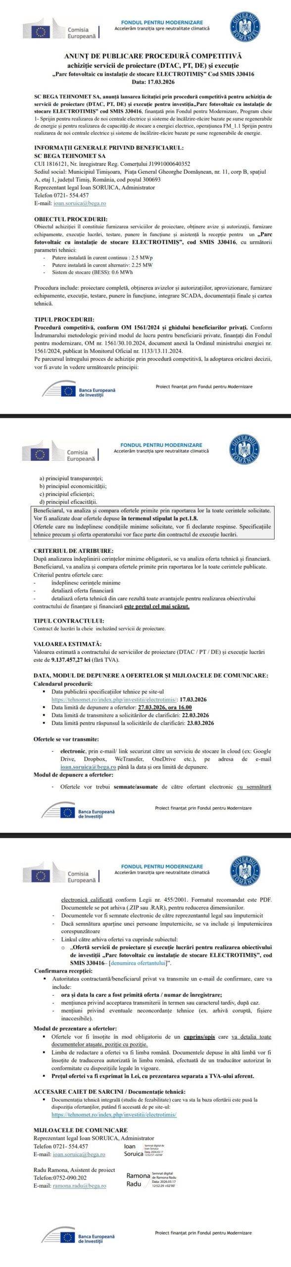 Anunţ de publicare procedură competitivă achiziție servicii de proiectare (DTAC, PT, DE) și execuție „Parc fotovoltaic cu instalație de stocare ELECTROTIMIȘ” - Cod SMIS 330416