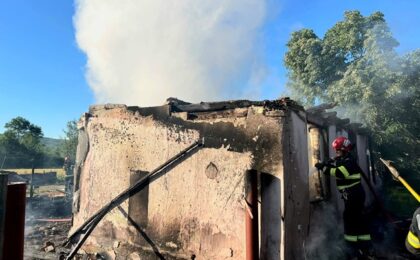 Incendiu puternic la o casă din Timiș, acoperișul s-a prăbușit