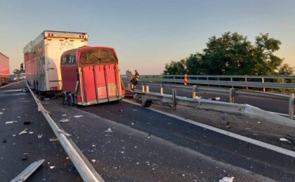 Accident pe autostrada A1, în Timiș: un autotren a rămas blocat între sensurile de mers, traficul este restricționat