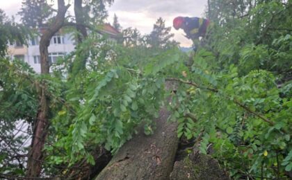 Furtuna a lovit puternic în Hunedoara: acoperiș desprins de pe un bloc, copaci doborâți, fire electrice rupte (video)