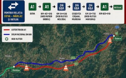 Trafic deviat pe autostrada A1, între nodurile rutiere Dobra și Holdea