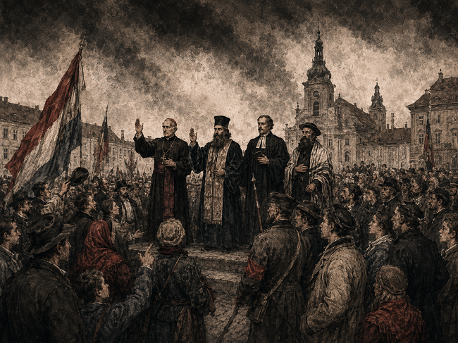 Ilustrația generată cu adunarea din Piața Libertății și reprezentanții cultelor