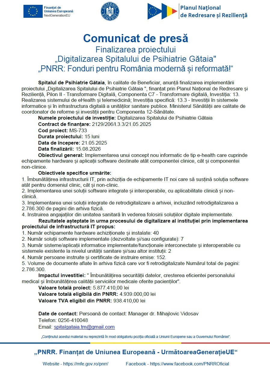 Comunicat de presă - Finalizarea proiectului „Digitalizarea Spitalului de Psihiatrie Gătaia"