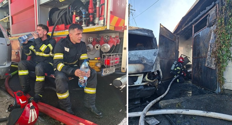 Incendiu la două garaje, o mașină și o casă. Intervenție dificilă a pompierilor. Două persoane au suferit multiple arsuri