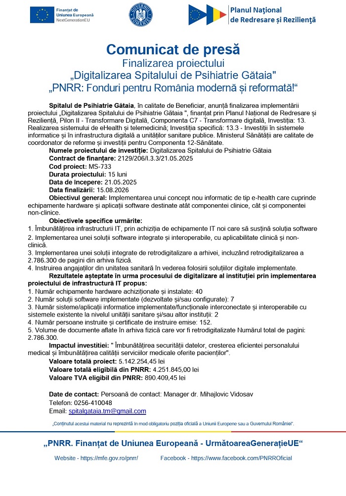 Comunicat de presă - Finalizarea proiectului „Digitalizarea Spitalului de Psihiatrie Gătaia"