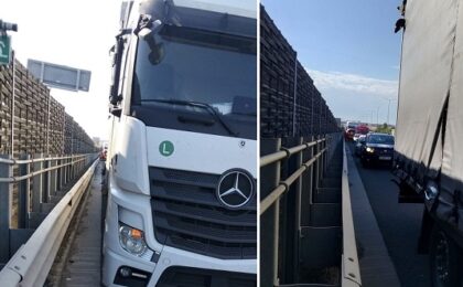 Accident între două autotrenuri, pe Autostrada Vestului: banda de urgenţă şi banda 1, închise 3 Accident între două autotrenuri, pe Autostrada Vestului: banda de urgenţă şi banda 1, închise