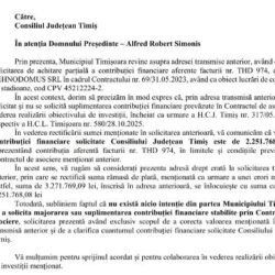 UPDATE. Primăria Timișoara mai cere bani Consiliului Județean Timiș pentru stadionul „Eroii Timișoarei”. Simonis: „Primează interesul orașului” 2 adresa1