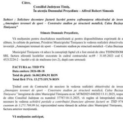 UPDATE. Primăria Timișoara mai cere bani Consiliului Județean Timiș pentru stadionul „Eroii Timișoarei”. Simonis: „Primează interesul orașului” 3 adresa2