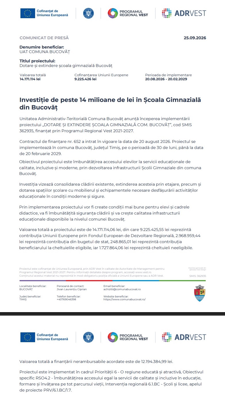 Comunicat de presă: Investiție de peste 14 milioane de lei în Școala Gimnazială din Bucovăț