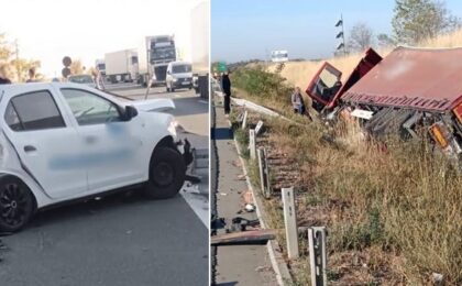 Autoturismul făcut zob de tirul scăpat de sub control, pe A1 la Margina, aparţinea personalului de pază 6 Autoturismul făcut zob de tirul scăpat de sub control, pe A1 la Margina, aparţinea personalului de pază