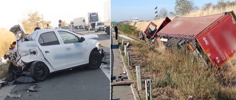Autoturismul făcut zob de tirul scăpat de sub control, pe A1 la Margina, aparţinea personalului de pază