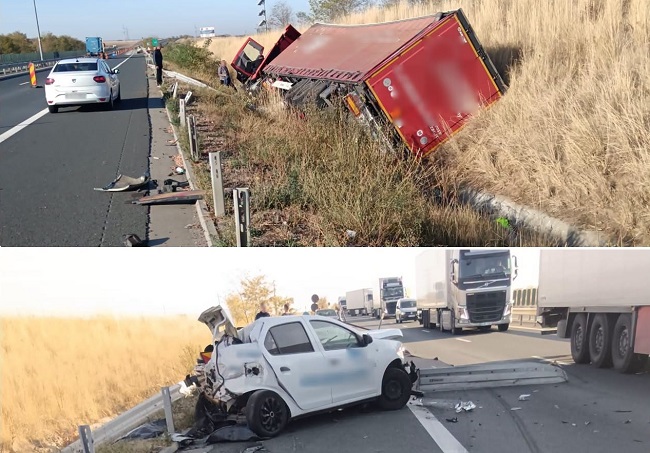 Accident grav între un autoturism şi un autotren, pe autostrada A1, în Timiş