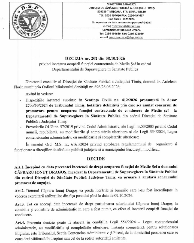 Un pilos plantat ilegal într-o funcție de conducere la Direcția de Sănătate Timiș a rămas fără loc de muncă 2 Un pilos plantat ilegal într-o funcție de conducere la Direcția de Sănătate Timiș a rămas fără loc de muncă
