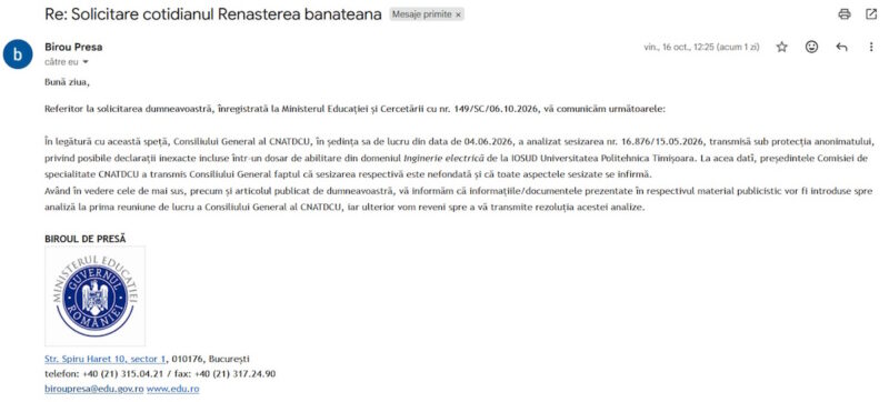 Ministerul Educației redeschide cazul falsului în declarații comis de un profesor universitar din Timișoara și mușamalizat de un complice din CNATDCU