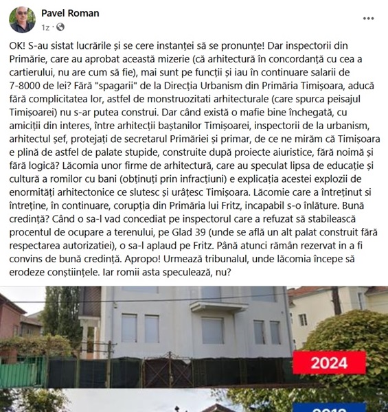 Vecinul unui palat cu turnulețe din Timișoara: “Lăcomia unor firme de arhitectură întreține corupția din primărie, pe care Fritz este incapabil să o înlăture”