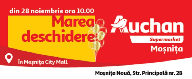 Marți, 28 noiembrie, se deschide supermarketul Auchan Moșnița. Bucură-te de prețuri mici în fiecare zi și înscrie-te la tombola care îți poate aduce unul dintre cele peste 100 de premii în bani!