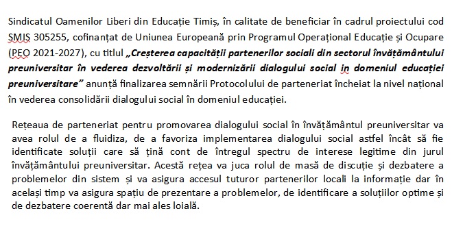 Comunicat de presă - Sindicatul Oamenilor Liberi din Educație Timiș