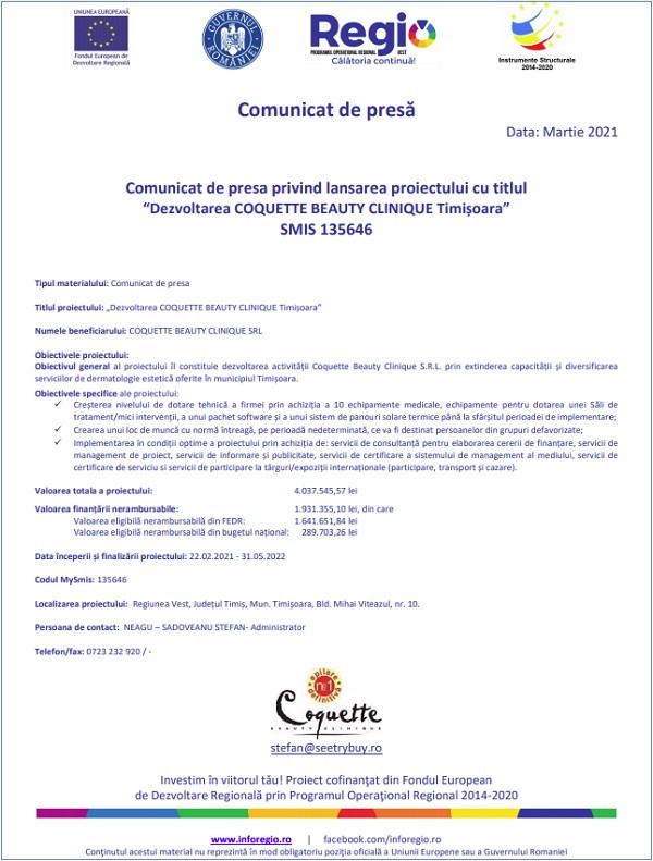 Comunicat de presă privind lansarea proiectului cu titlul “Dezvoltarea COQUETTE BEAUTY CLINIQUE Timișoara” SMIS 135646