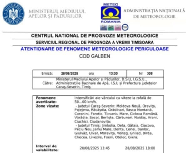 ISU Timiş: Alertă de vijelii în judeţele Timiş şi Caraş-Severin! 2 Alertă de vijelii în judeţele Timiş şi Caraş-Severin!