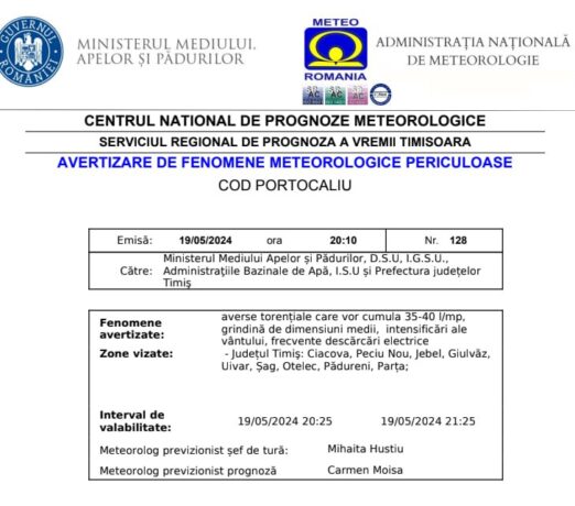Alertă de la ISU Timiș: ploi torențiale, grindină și vijelii