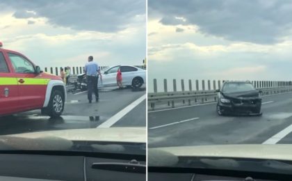 Accident cu două BMW-uri, pe Autostrada A1 Lugoj - Timișoara. Trafic dat peste cap