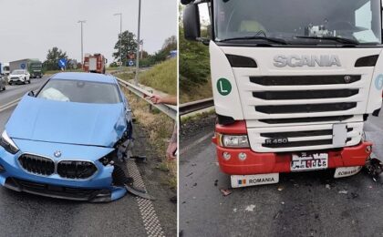 Trafic îngreunat în zona Holdea, după ce un BMW şi un tir s-au izbit violent