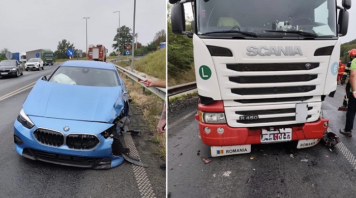 Trafic îngreunat în zona Holdea, după ce un BMW şi un tir s-au izbit violent
