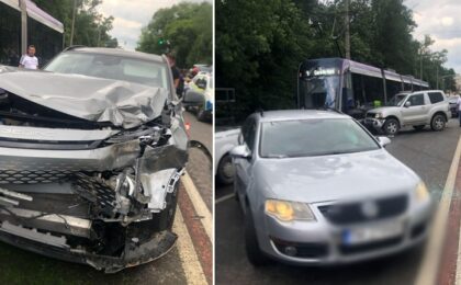 Accident cu cinci mașini și un tramvai, pe strada Gheorghe Adam din Timișoara