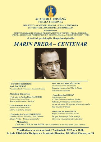 „Marin Preda - Centenar”, simpozion organizat la Timișoara