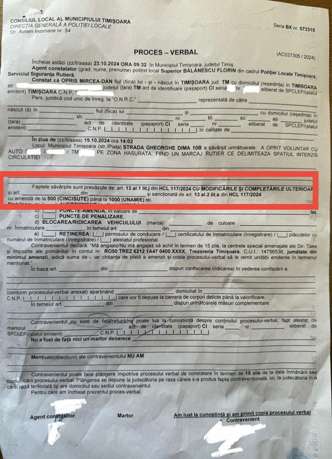 Primăria și Poliția Locală amendează ilegal timișorenii pe o HCL suspendată