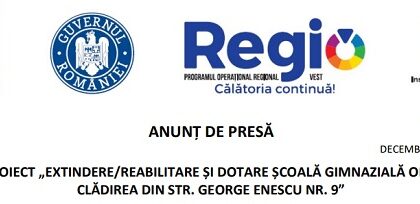Anunţ de presă - Finalizare Proiect „Extindere/reabilitare și dotare Școală Gimnazială Oraș Jimbolia - Clădirea din str. George Enescu nr. 9”