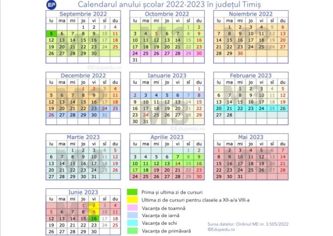 Calendarul anului școlar 2022-2023 pentru județul Timiș