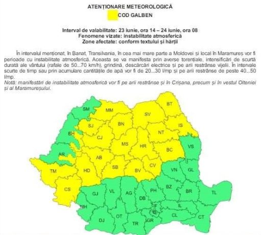 Banatul intră sub cod galben de ploi și grindină!