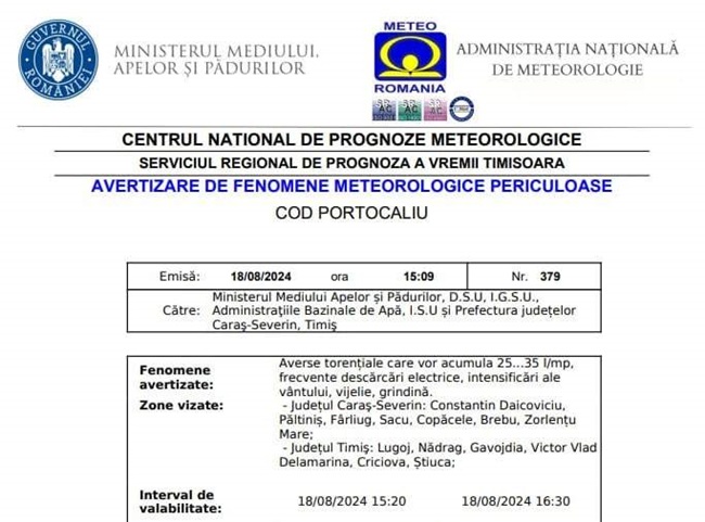 Cod portocaliu de fenomene meteo periculoase în Banat! Localitățile vizate