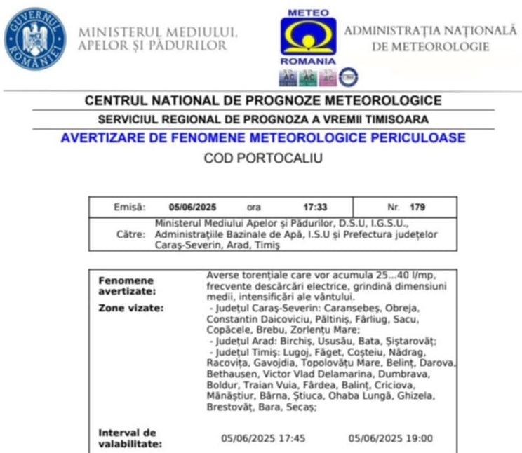 Cod portocaliu de fenomene meteo periculoase în zone din Timiș, Caraș-Severin și Arad. Localitățile vizate