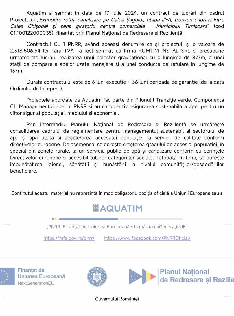 Comunicat de presă - Contract de lucrări semnat de Aquatim pe PNRR