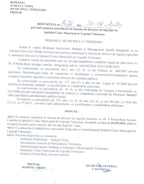 Managerul Spitalului Municipal Timișoara a rămas fără mâna sa dreaptă