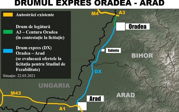 Drumul expres Arad – Oradea a obținut avizul tehnic. Va avea 119 km, cu două benzi pe sens, cu 75 de pasaje supraterane şi poduri peste cursuri de apă şi intersecţii