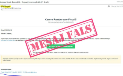 Avertisment ANAF: e-mailuri false trimise în numele instituției. Contribuabilii sunt înștiințați că ”au dreptul la rambursare datorită plății în exces a impozitelor” 10 Avertisment ANAF: e-mailuri false trimise în numele instituției. Contribuabilii sunt înștiințați că ”au dreptul la rambursare datorită plății în exces a impozitelor”