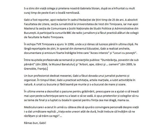 Breasla presei timișorene este mai săracă. Gabriela Stoian, jurnalistă la TVR Timișoara, ne-a părăsit...