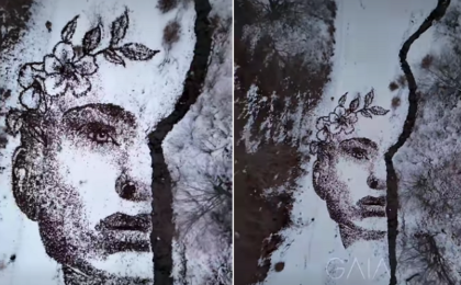 Un artist din Hunedoara a cucerit internetul cu un portret realizat din frunze pe pânza albă din zăpadă (video)