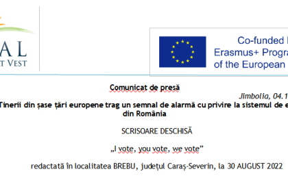 Comunicat de presă, Jimbolia, 04.11.2022 - Tinerii din șase țări europene trag un semnal de alarmă cu privire la sistemul de educație din România