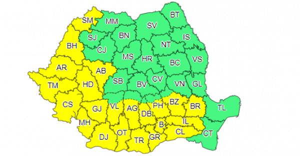 Cod galben de caniculă în 22 de județe și în București (Harta)