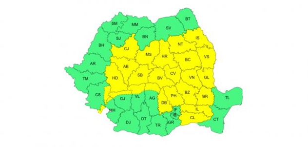 Cod galben de vijelii în jumătate din țară. Vreme rea până miercuri. Harta zonelor afectate