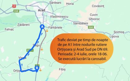 Lucrări noaptea pe autostrada A1, între nodul rutier Orțișoara și nodul rutier Arad Sud. Traficul va fi deviat pe DN 69 Timișoara – Arad!