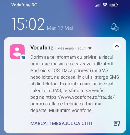 Vodafone - mesaj privind riscul unui atac malware ce vizează utilizatorii Android și iOS
