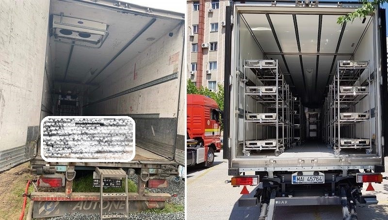 Morții de Covid ai Timișoarei zac într-o remorcă privată de camion fără aviz DSP, în loc să fie păstrați civilizat într-o morgă mobilă a statului român