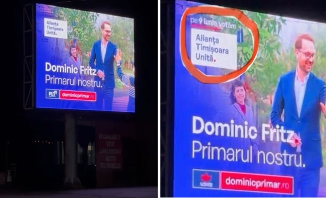 Dublă sfidare a legii: Dominic Fritz își face publicitate electorală ilegală pe un panou ilegal