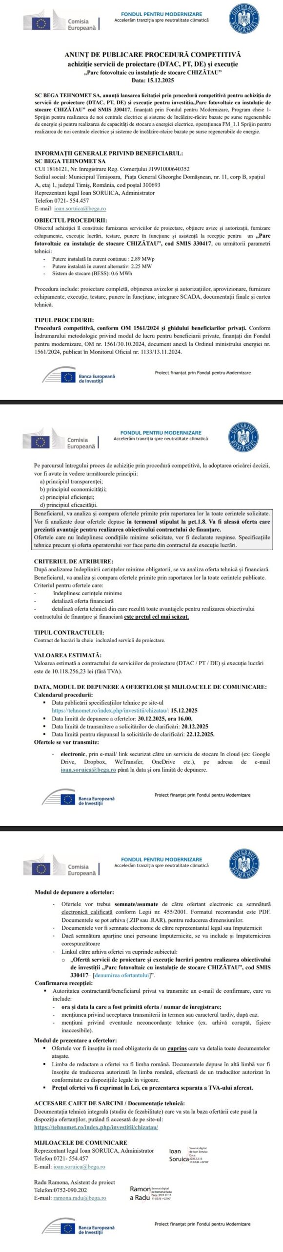 ANUNȚ DE PUBLICARE PROCEDURĂ COMPETITIVĂ achiziție servicii de proiectare (DTAC, PT, DE) și execuție „Parc fotovoltaic cu instalație de stocare CHIZĂTĂU” - Data: 15.12.2025
