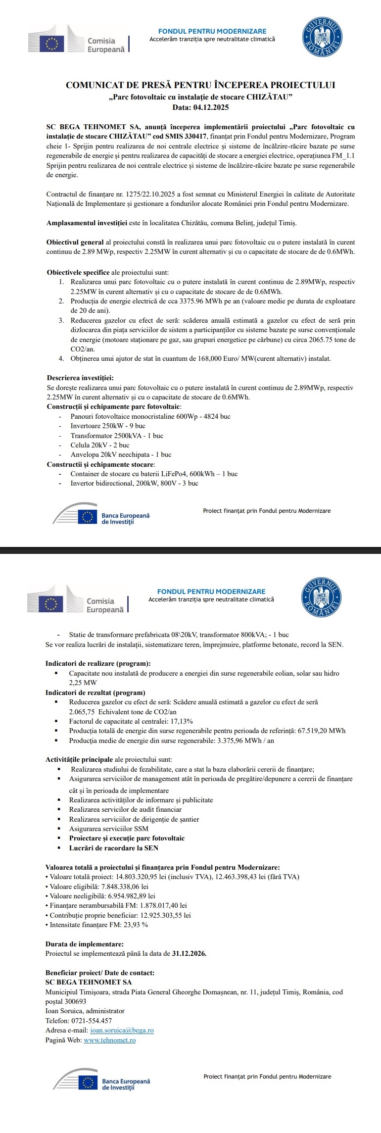 Comunicat de presă pentru începerea proiectului „Parc fotovoltaic cu instalație de stocare Chizătău”